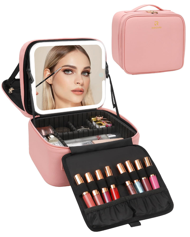 Chomeiu Makeup Bag with LED Mirror, 2 Layer Travel Makeup Case for Women | USB-C Detachable Mirror, Adjustable Dividers, Removable Brush Holder, High Quality PU Leather, Easy-to-clean, Double Zipper A-Small 05-Pink 2 Layer