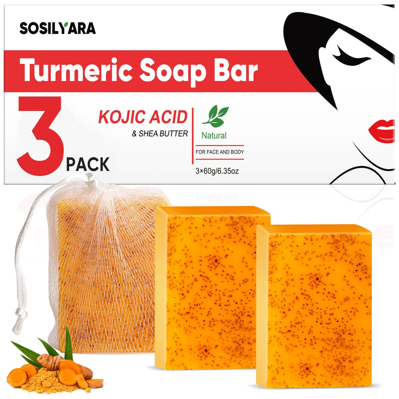 3 Pcs 60g Turmeric Kojic Acid Soap Bars with Foaming Mesh Net | SLS-Free,Enriched with Retinol, Hydrolyzed Collagen, Vitamin E & Shea Butter, Mild Treatment for Facial,Body & Armpit Use