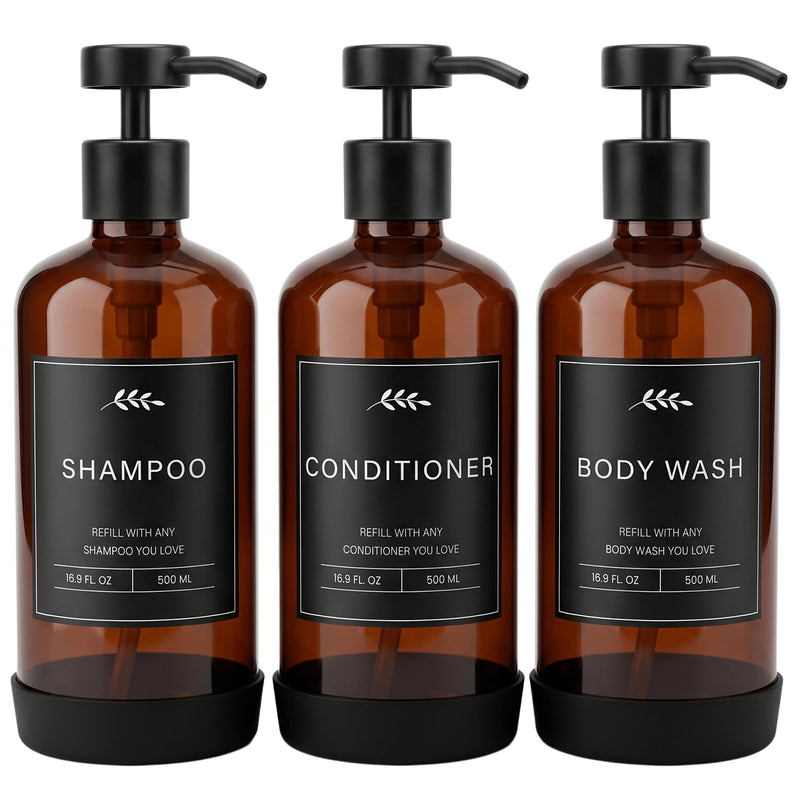 Prus Waso Shampoo and Conditioner Dispenser Set, Amber & Black | Soap Dispenser Shower, Empty Shampoo and Conditioner Bottles with Black Stainless Pumps and 32 Labels