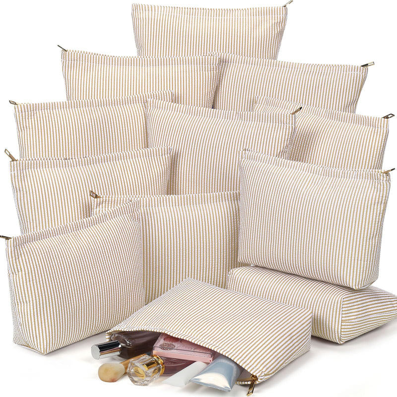 Sanwuta 12 Pcs Seersucker Makeup Bag for Women Stripe Cosmetic Bag Bulk Travel Toiletry Organizer Preppy Storage Pouch Zipper Purse Gifts for Wedding Bridesmaid Mom (Khaki) Khaki