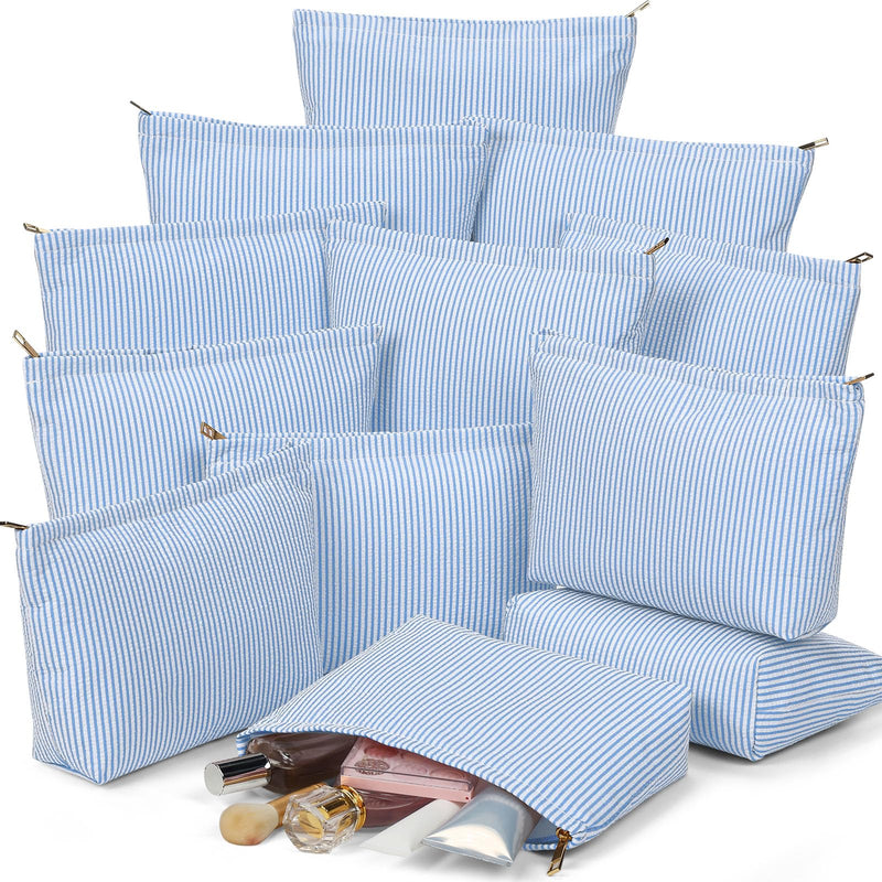 Sanwuta 12 Pcs Seersucker Makeup Bag for Women Stripe Cosmetic Bag Bulk Travel Toiletry Organizer Preppy Storage Pouch Zipper Purse Gifts for Wedding Bridesmaid Mom (Blue) Blue