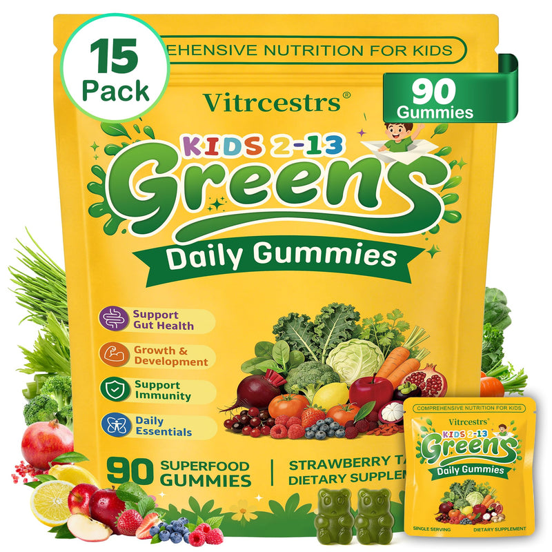 Greens Daily Gummies for Kids, Super Greens Gummies Kids Superfood Multivitamin Gummies with Fruits & Veggies, Alfalfa, Spirulina, Chlorella, Adaptogens, Prebiotic Fiber for Digestive Health, 90 Count