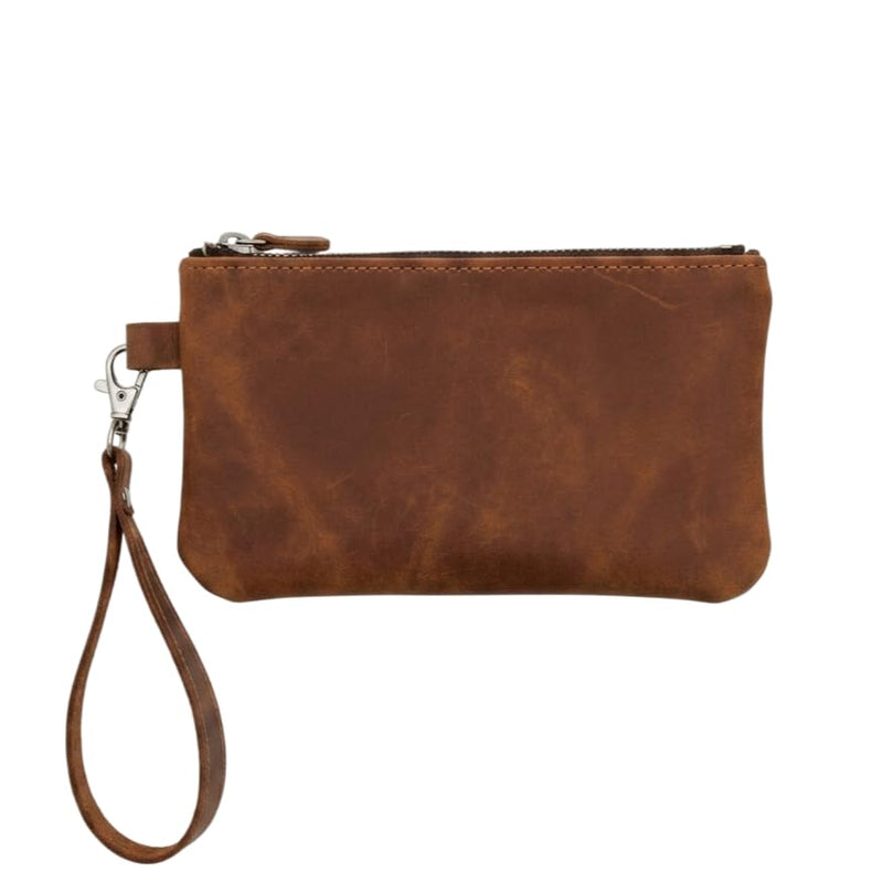 Leather Cosmetic Pouch - Genuine Leather Makeup Bag with Detachable Wrist Strap, Zipper Makeup Bag, Small Travel Toiletry Case, Warm Brown