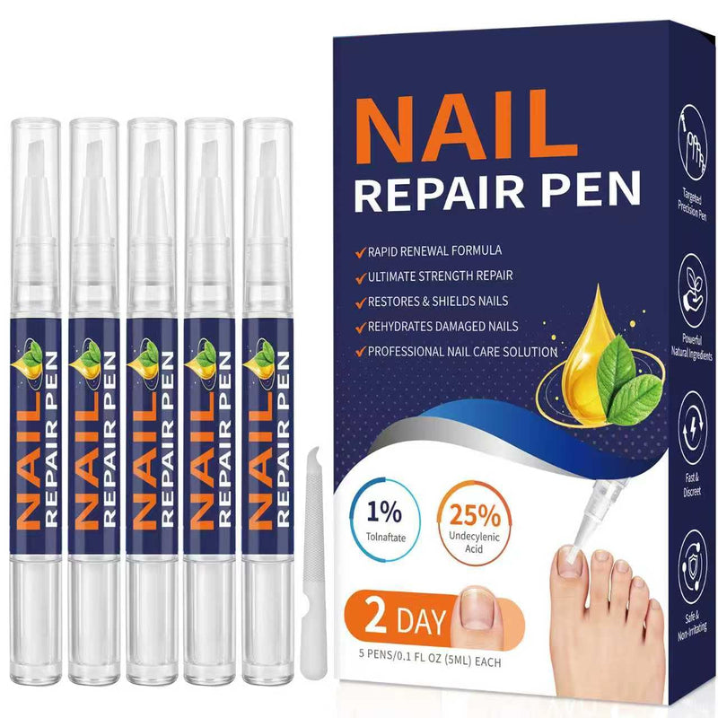 Toenail Fungus Pen, 25% Undecylenic Acid- Repairs Yellow Thick Brittle Toe and Fingernails - 5 Pens with 1 Nail Files