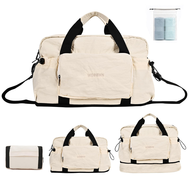 Foldable Travel Bag for Women, Expandable 28L-40L Lightweight Personal Item Carry On Bag, Packable Duffel Bag, Weekender Overnight Travel Tote, Collapsible Luggage Bag, Cream White