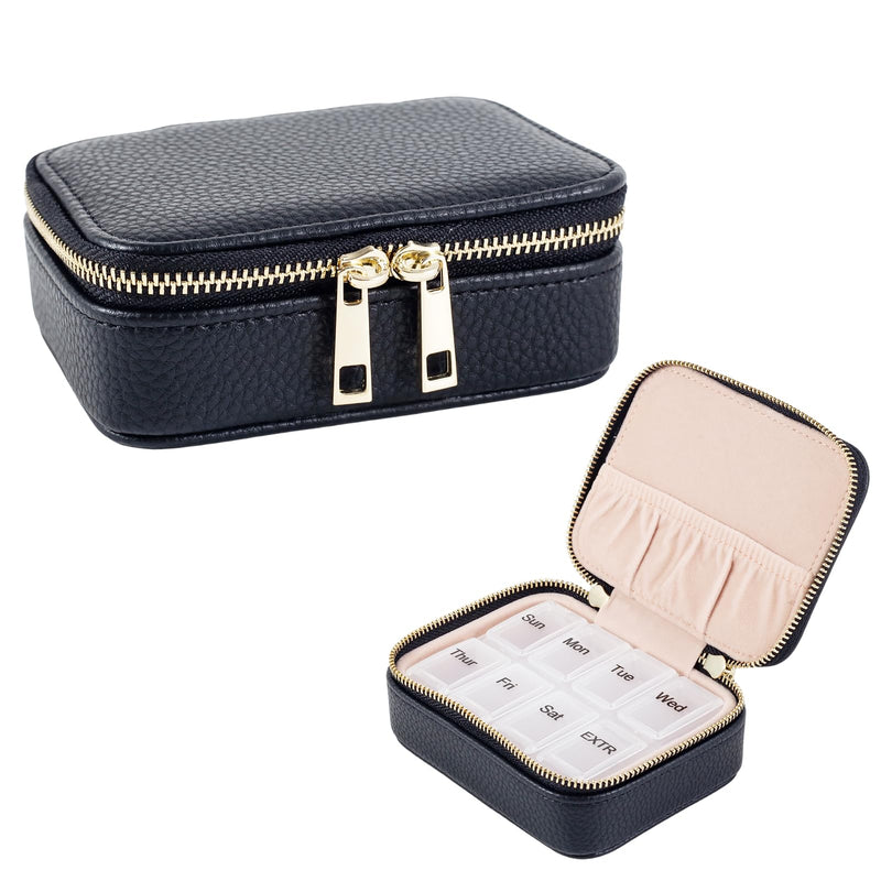 Portable Leather Weekly Pill Organizer | 7-Day Travel Pill Case with Removable Daily Insert – for Vitamins, Medication, Fish Oil & Supplements, Black