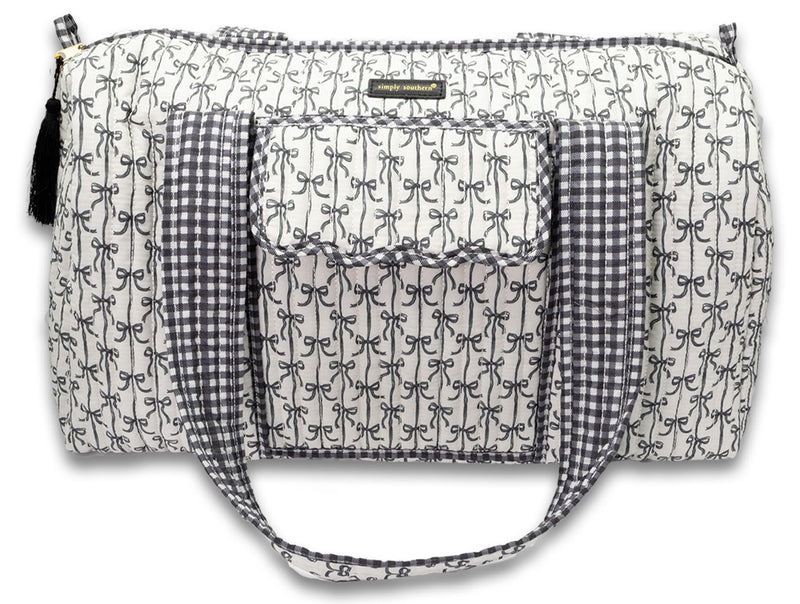 Quilted Duffle Bag, Bow Print, Pink Floral and Black Gingham, Travel Weekender - Simply Southern (Black Bow) Black Bow