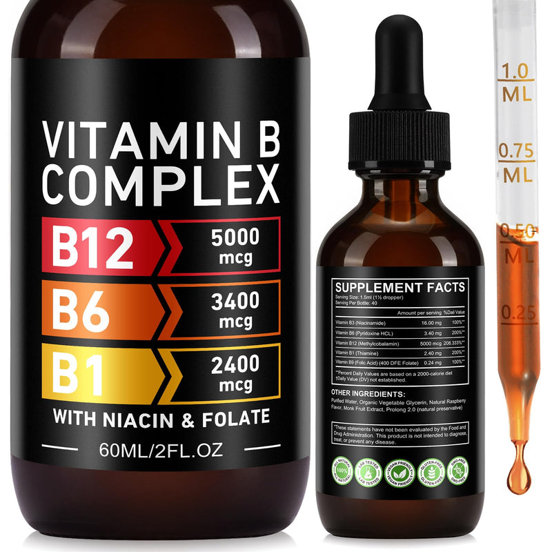 YLXYZUAD Vitamin B Complex Liquid Drops - Vitamin B12 5000mcg | B1, B3, B6, B9 | Niacin & Folate | 60ml (2 Fl Oz)