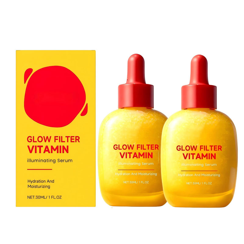 2PCS Glow Filter Vitamin Illuminating Serum | Hydration & Moisturizing Face Serum | Brightening Vitamin C & Hyaluronic Acid for Radiant Glow | Dark Spot & Uneven Tone Care, 1 Fl.Oz (30ml)