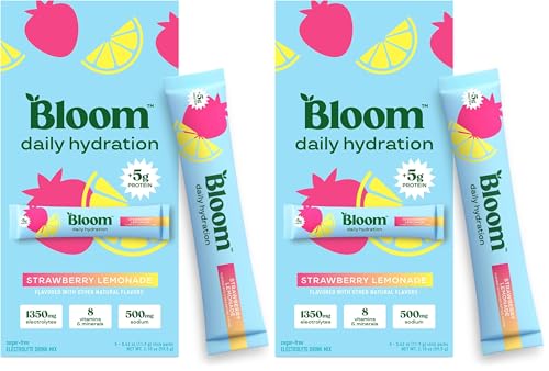 Bloom Nutrition Hydration Electrolyte Sticks, Strawberry Lemonade, 10 Count | Electrolytes with Collagen, 5g Protein, Vitamins & Minerals, Sugar Free Drink Mix 5 Servings (Pack of 2)
