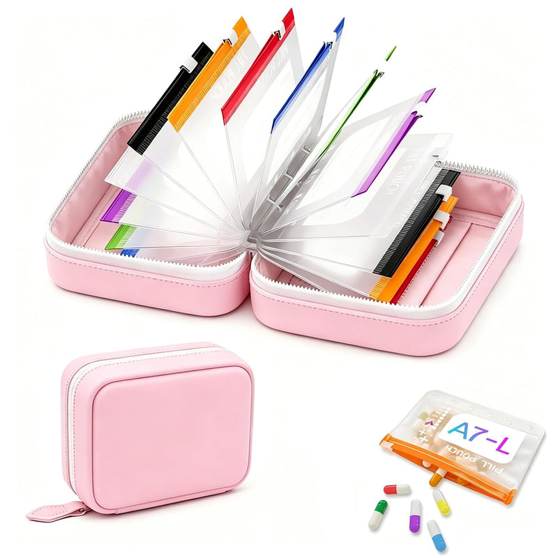 A7 Waterproof Pill Pouch Set, 14pcs Bags Inside Reusable Travel Medicine Organizer, Twice-Daily Large Pill Organizer for Seven Days, Zippered Pill Storage for Fish Oils, Vitamins, Pink
