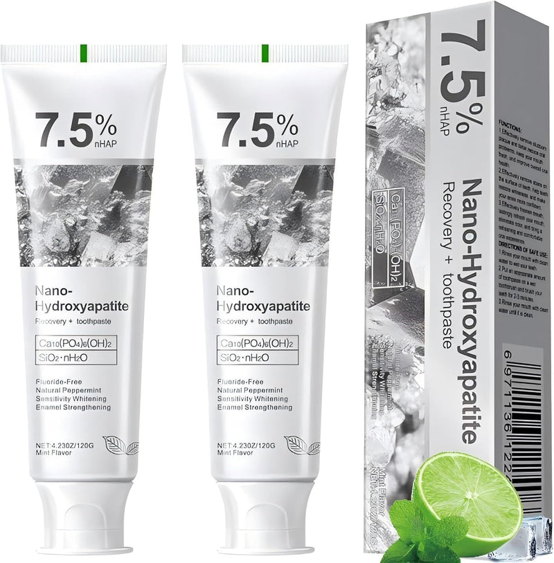 7.5% Hydroxyapatite Toothpaste for Enamel Protection, Fluoride-Free Formula with Gentle Mint, for Sensitive Teeth, Daily Protection, Long-Lasting Fresh Breath, 4.23 Oz (Grey，2PC) Grey 4.23 Fl Oz (Pack of 2)