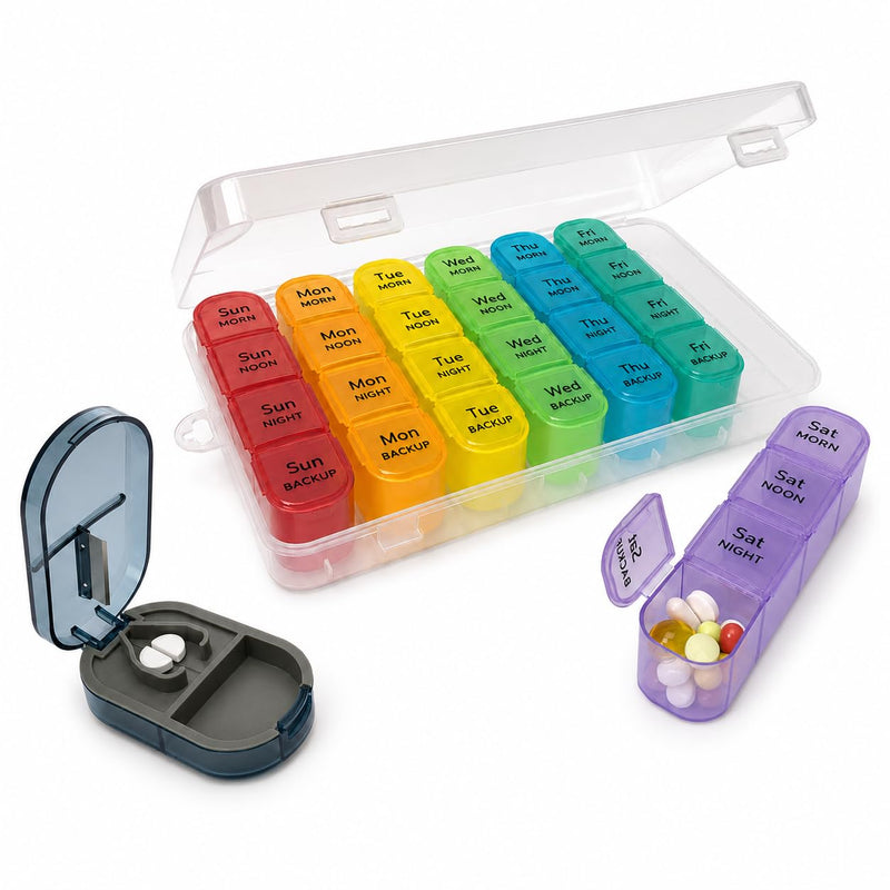 Weekly Pill Organizer 4 Times a Day with Pill Cutter, BPA-Free 7 Day Pill Box and Tablet Cutter Set, Large 28-Compartment Medicine Organizer for Vitamins, Supplements, Fish Oil and Travel Multicolor 1 PACK