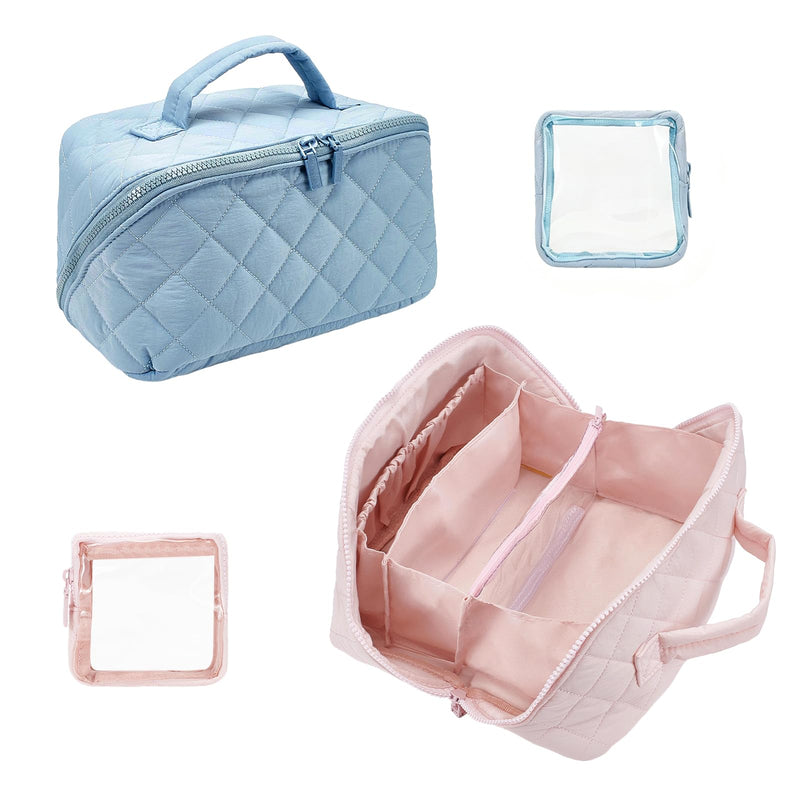 2Pcs Travel Makeup Bag, 2 Polyester Zipper Toiletry Bag with 2 Clear Pouches Large Capacity Cosmetic Organizer for Travel with Handle (Misty Rose, Light Sky Blue) Misty Rose, Light Sky Blue