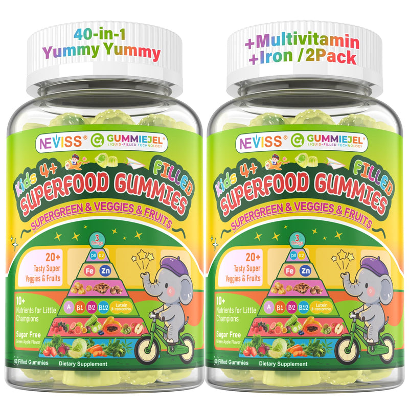 Kids Teens Ages 4–17 Multivitamin with Iron Omega 3, D3 K2, Picky Eater Vitamin Super Greens Gummies, Boys Girls Organic Fruits Veggies Superfood Gummy, Mushroom | Immune Bone Brain, 2Pack