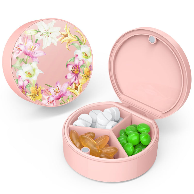 Small Travel Pill Organizer Box with Floral Pattern, Cute Pocket Pill Case with Removable Divider & Magnetic Closure, Moisture-Proof Daily Vitamin Container for Purse, 3 Compartments (Pink-F1) Pink F1