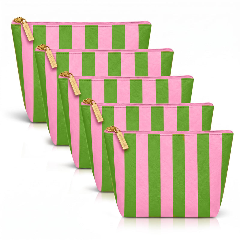 Preppy Stripe Crinkle Makeup Bag Set of 5 Travel Cosmetic Bags | Pink and Green, 6 x 9 x 3 in, Crinkle & stripe design, waterproof fabric, generous capacity, gift for women Green/Pink