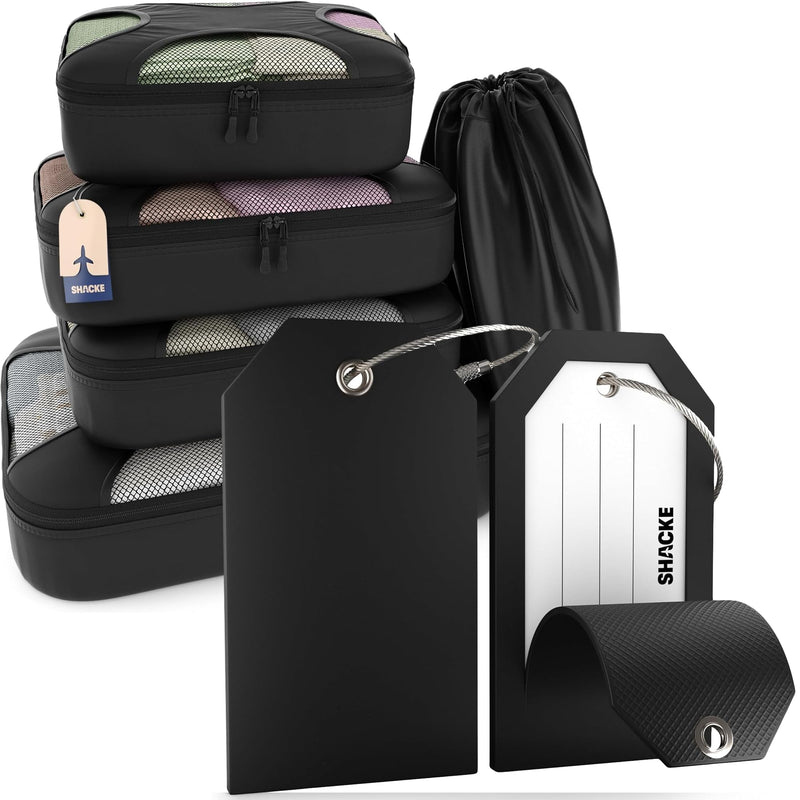 SHACKE | Large Luggage Tag (Black) & Premium 5 Packing Cubes Set (Pure Black) Bundle | Luggage Tag Privacy Cover and Steel Loops | Lightweight Mesh Travel Luggage Organizers with Laundry Bag