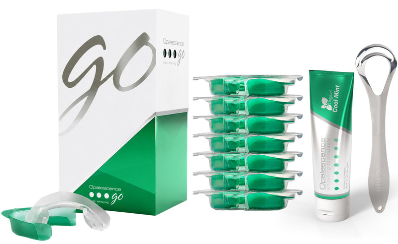 Opalescence Go 15 - Prefilled Teeth Whitening Trays Bundle 6238-1TS | Hydrogen Peroxide 15% - Includes Original Whitening Toothpaste Travel Size 1 Oz & Tongue Scraper (7 Treatments) Mint Flavor 7 Treatments / Original TP/ Tongue Scraper