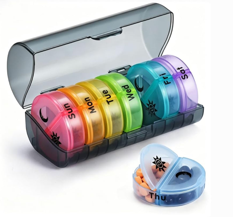 7-Day Travel Pill Organizer, 14 Compartments, Moisture-Proof, Black with Rainbow Lids, AM PM Pill Box for Vitamins, Medication & Supplements