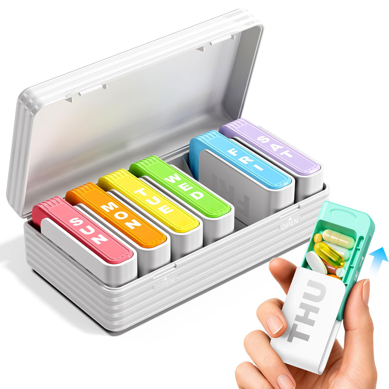 Daviky Pill Organizer 1 Time a Day, Drawer Style 7 Day Pill Case with Detachable Daily Boxes, Large Capacity Travel Pill Organizer for Vitamins, Fish Oil, Supplements, Color Coded White