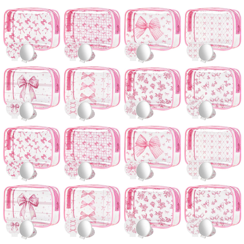 16 Set Pink Bow Party Favors for Women Clear Floral Bow Makeup Bags Mini Compact Mirrors Bulk Waterproof Coquette Pink PVC Cosmetic Bags for Guests Bridesmaids Wedding Party Supplies 16