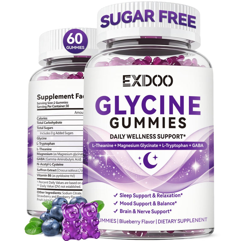 Glycine 3g Gummies for Sleep Sugar Free Made in USA | Glycine 3000mg Supplements with Magnesium, NAC, L-Theanine,GABA, L-Tryptophan, Saffron, B6 for Relax, Nerve & Brain