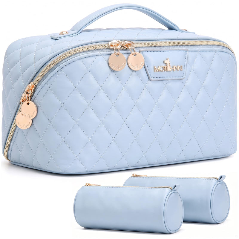 Travel Makeup Bags Cosmetic Organizer: 3Pcs Set Puffy Make up Bag for Women | Blue Premium Quilted ELEGANCE Design | Large Capacity Leather Toiletry Bags | Wide Open Compact Case for Travel Essentials 03 Blue