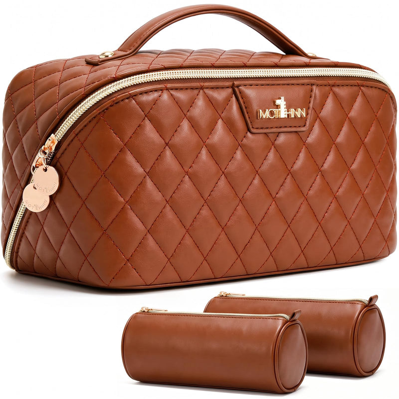 Travel Makeup Bags Cosmetic Organizer: 3Pcs Set Puffy Make up Bag for Women | Brown Premium Quilted ELEGANCE Design | Large Capacity Leather Toiletry Bags | Wide Open Compact Case for Travel Essentials 06 Brown