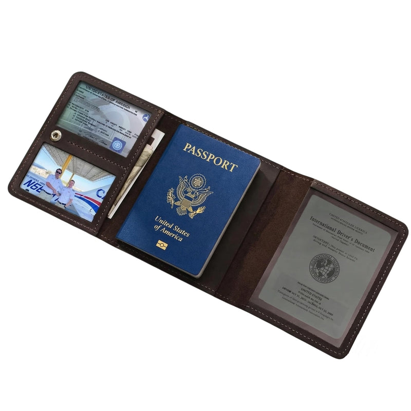 Leather Pilot Document Holder – Compact Travel Document Wallet for Passport, Boarding Pass & Cards, Genuine Crazy Horse Leather Organizer for Pilots & Travelers, Brown