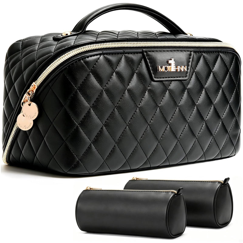 Travel Makeup Bags Cosmetic Organizer: 3Pcs Set Puffy Make up Bag for Women | Black Premium Quilted ELEGANCE Design | Large Capacity Leather Toiletry Bags | Wide Open Compact Case for Travel Essentials 01 Black