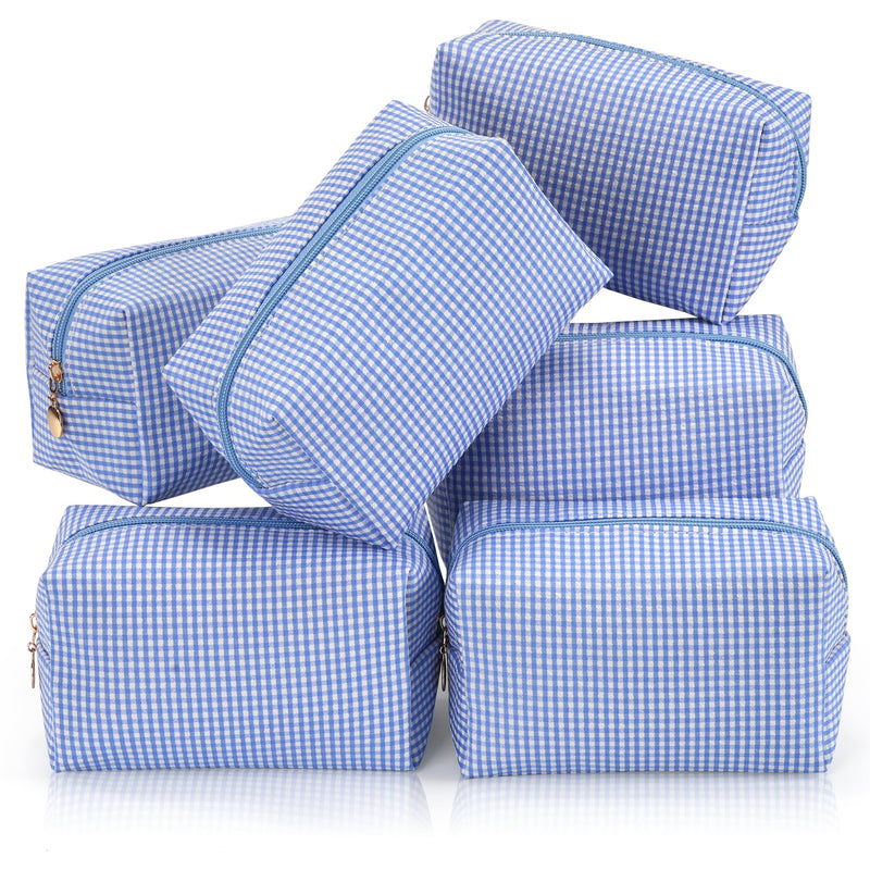 Makeup Bag Set for Women, 6PCS Travel Cosmetic Bags Pencil Case, Checkered Seersucker Toiletry Organizer Pouches, Cute Makeup Pouch for Purse, Accessories and Gifts, Blue Gingham 6