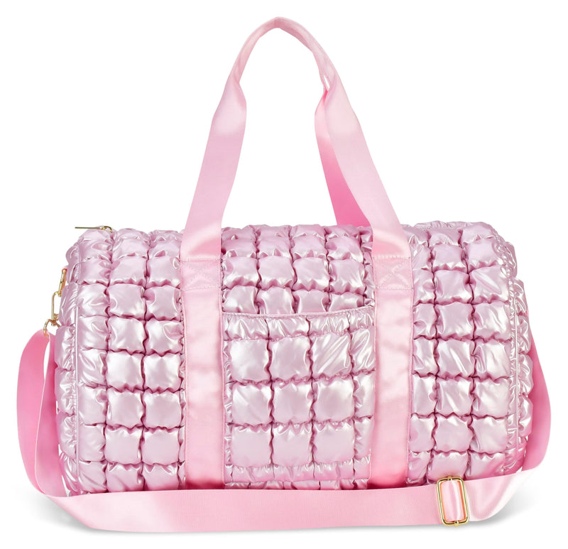 iscream 17" x 10" Quilted Puffer Duffle Bag with Double Handles and Removable, Adjustable Should Strap - Icy Rose