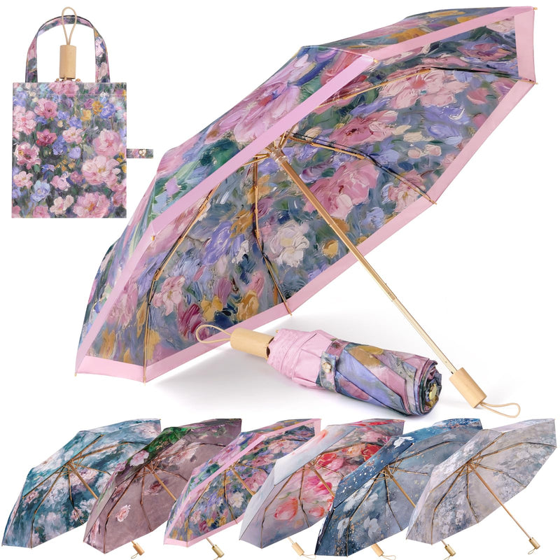 Elegant Double Layer Classical Floral Oil Painting Folding Umbrella for Women Windproof Rain & Sun UV Protection Parasol with Cover Blush of the Rose Briar