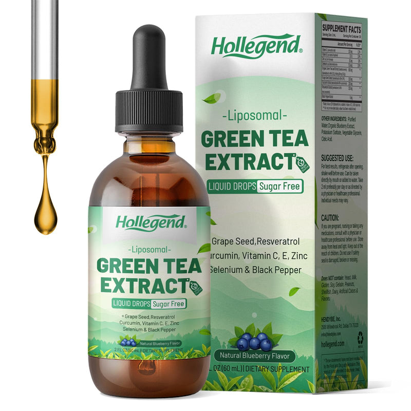 Liposomal Green Tea Extract Liquid, Organic Green Tea Supplement | With Vitamins, Resveratrol & Grape Seed, Antioxidant & Immune Support, Adults & Kids, Organic,Vegan,Blueberry Flavor,2 FL OZ