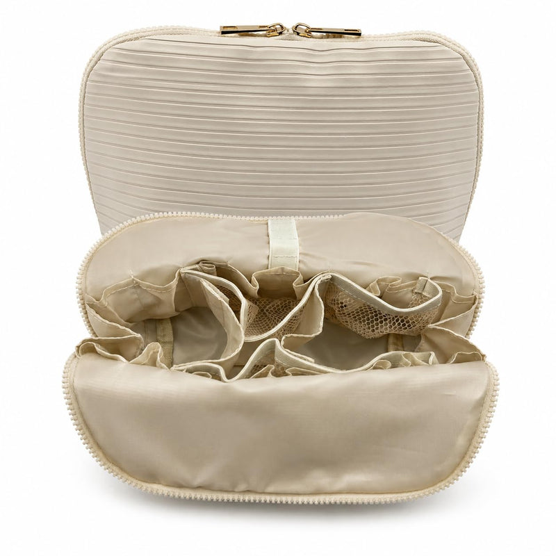 Waterproof Fold-Down Travel Makeup Bag for Women, Cosmetic Organizer with Multi-pocket, Stand Toiletry Bag (Basic Version, Cream Beige, Medium)