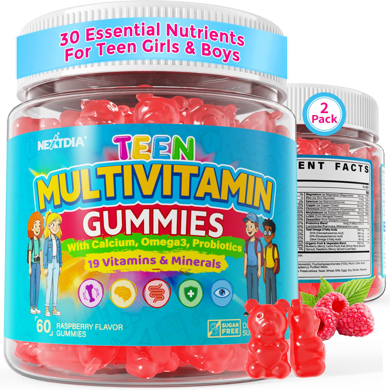 Teen Methylated Multivitamin Gummies + Algae Omega 3, Superfoods, Probiotic | Boys Girls 12-19, Vitamin A C D3 K2 B Complex, Calcium Magnesium Zinc for Bone, Brain, Immune & Gut Support, No Sugar, 2 Pack