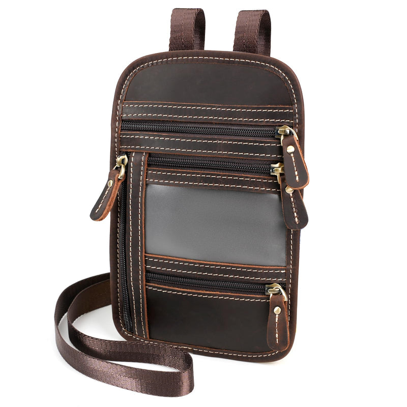 Full Grain Leather Neck Wallet, RFID Blocking Passport Travel Pouch, Coffee | Crazy Horse Cowhide, YKK Zipper & Brass Hardware, 3-Way Strap, Multi-Pocket Organizer, Detachable & Adjustable Shoulder Strap Dark Brown