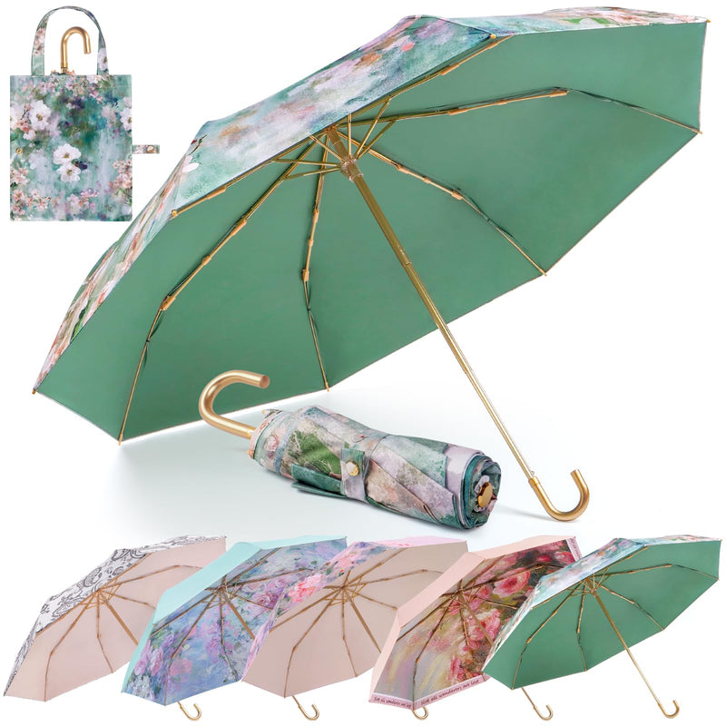 Manual Folding Floral Oil Painting Umbrella for Women - UV Protection Rain Sun Umbrella with Golden Hook Handle Lightweight Fiberglass Frame Green