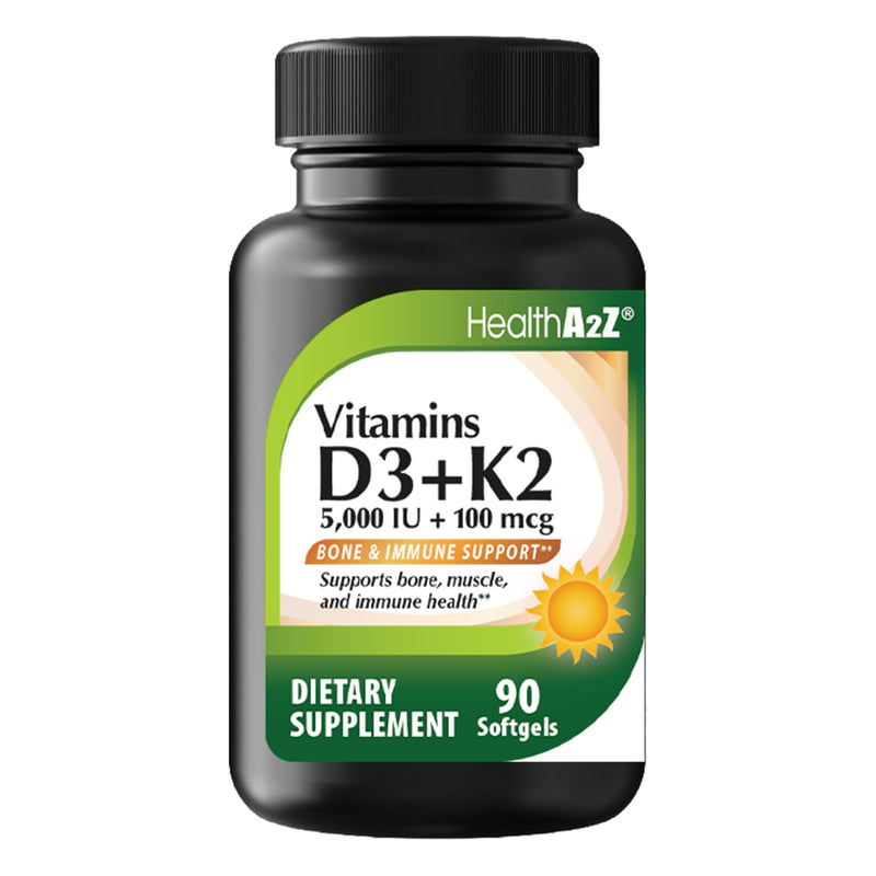 HealthA2Z® Vitamin D3 (5,000 IU) + K2 (100 mcg), 90 Softgels, Pack of 1 | Helps Calcium Absorption, Supports Bones & Teeth, Mood & Immune Health