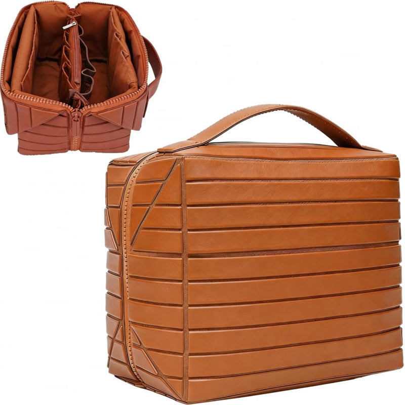 Travel Makeup Bag for Women - Large Capacity Waterproof Cosmetic Organizer with Fold Down & Pull Open Design, Toiletry Bag (Brown)