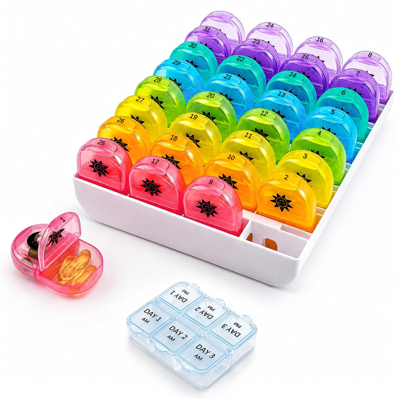 Cruxer Monthly 2 Times a Day Pill Organizer,4 Week Daily AM/PM Medicine Box | Large Single Compartment Supplements Organiser for Vitamins, Fish Oil & Pills + Bonus Mini Medication Case