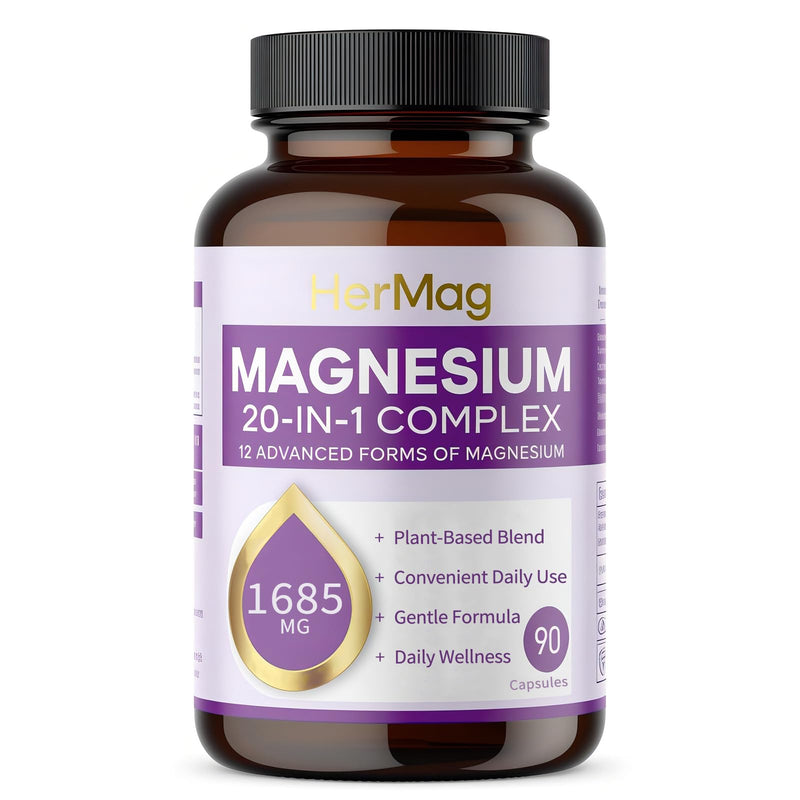 HerMag 20-in-1 Magnesium Complex, 12 Forms of Magnesium with Vitamin B6, Zinc & Nutrient Blend, Daily Wellness Supplement, 90 Capsules