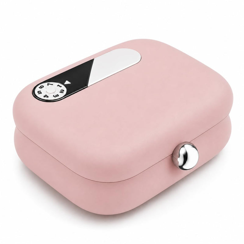 Travel Pill Organizer with Date Dial, 7-Compartment Portable Pill Case | Pink case with metal push-button closure; 7 fixed compartments for vitamins and supplements, compact for purses and travel