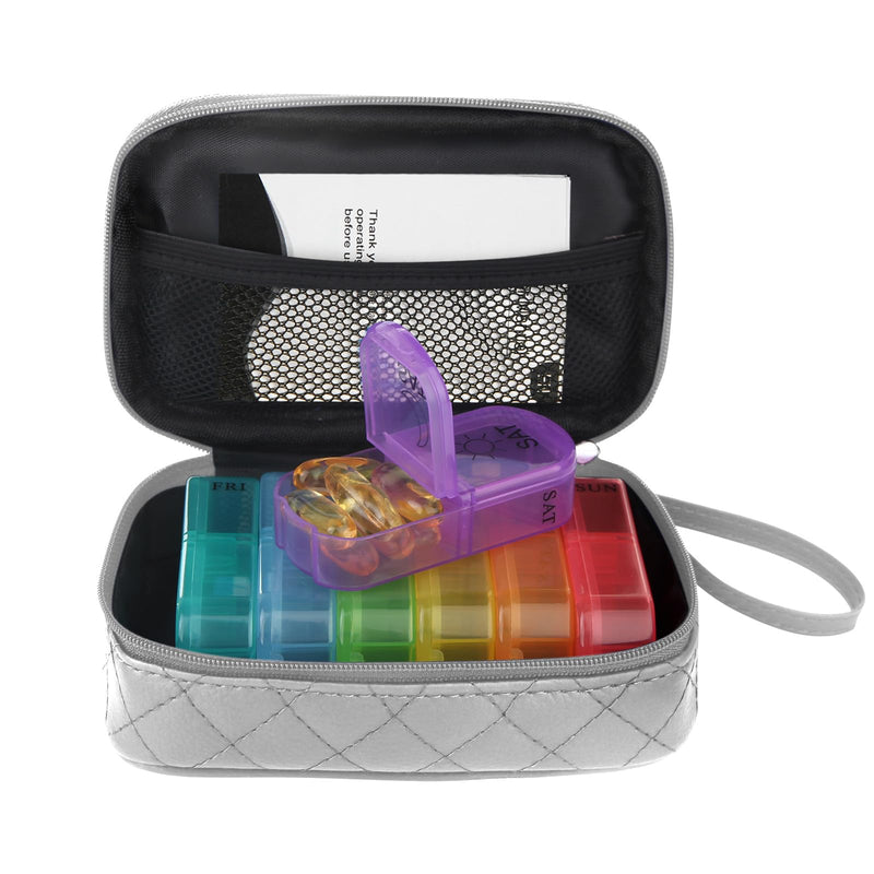 Weekly Pill Organizer 2 Times a Day Pill Boxes with PU Leather | AM PM Pill Box 7 Day Portable Travel Pill Case with 7 Colorful Box for Vitamins, Cod Liver Oil, Supplements Silver