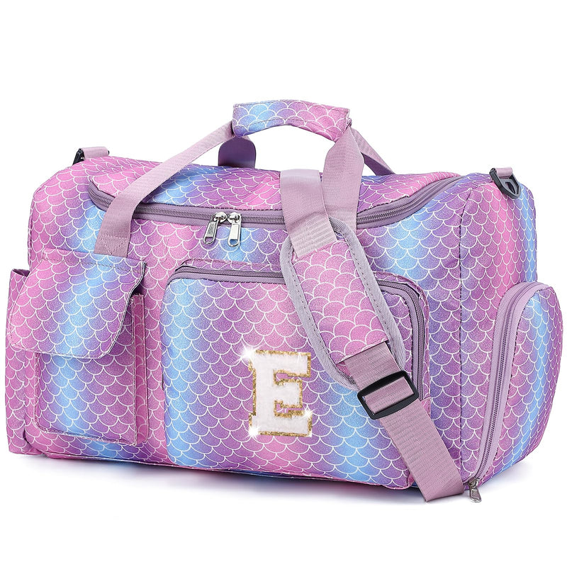 Birthday Gift for Teen Girl Gifts Trendy Stuff, Kids Duffle Bag | Girls Initial Travel Gym Bag with Shoes Compartment | Personalized Weekender Bags, Mermaid Purple E