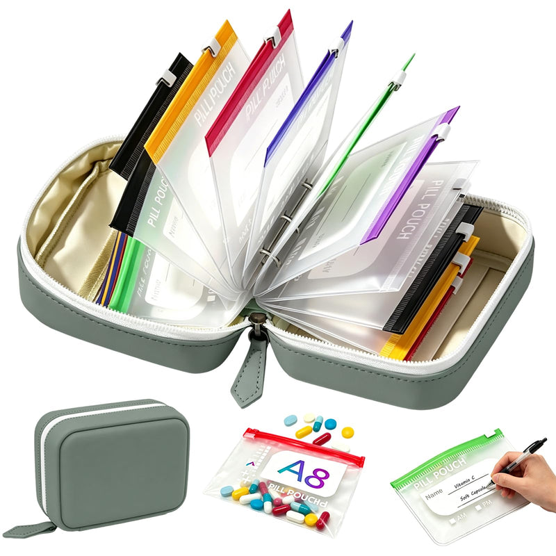Waterproof Pill Pouch Set A8 Waterproof Pill Organizer Binder Set with 14 PCS Color Zippered Pill Pouches BPA-Free Air Tight Travel Medicine Storage Bag for Vitamins(Green) Green