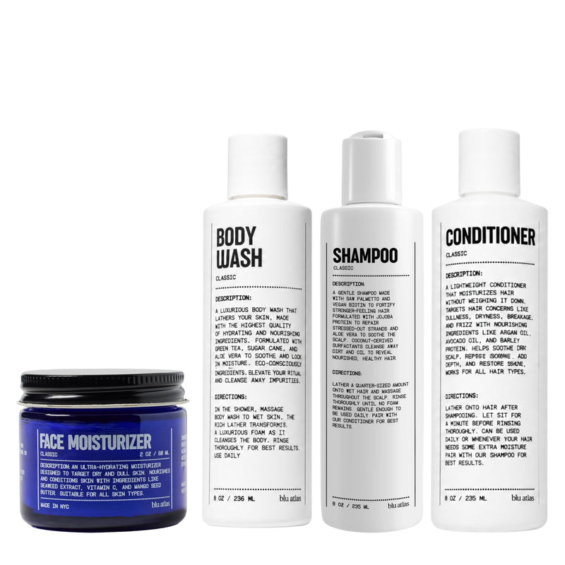 Blu Atlas Men's Essentials Set – Includes Hydrating Face Moisturizer 2 oz, Exfoliating Body Wash 8 oz, and Natural Sulfate-Free Shampoo 8 oz & Conditioner 8oz for All Hair & Skin Types – Classic Scent 4.5 Ounce (Pack of 4)