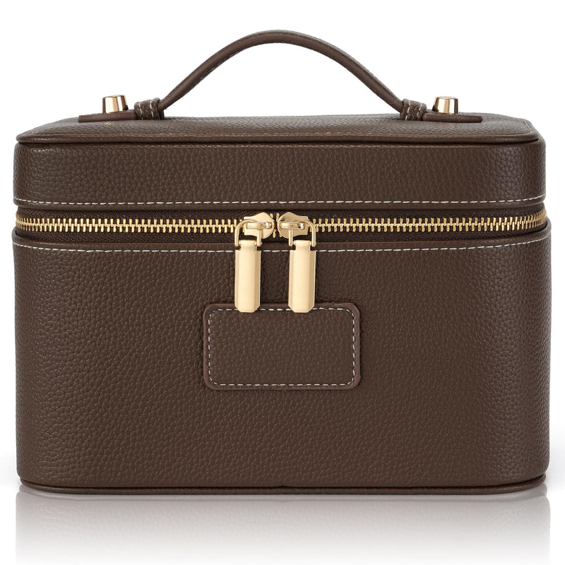 Makeup Bag Travel Toiletry Leather Cosmetic Case, Waterproof Makeup Organizer with Brush Holder, Wipe Clean Removable Divider Vanity Train Bag for Women, Coffe