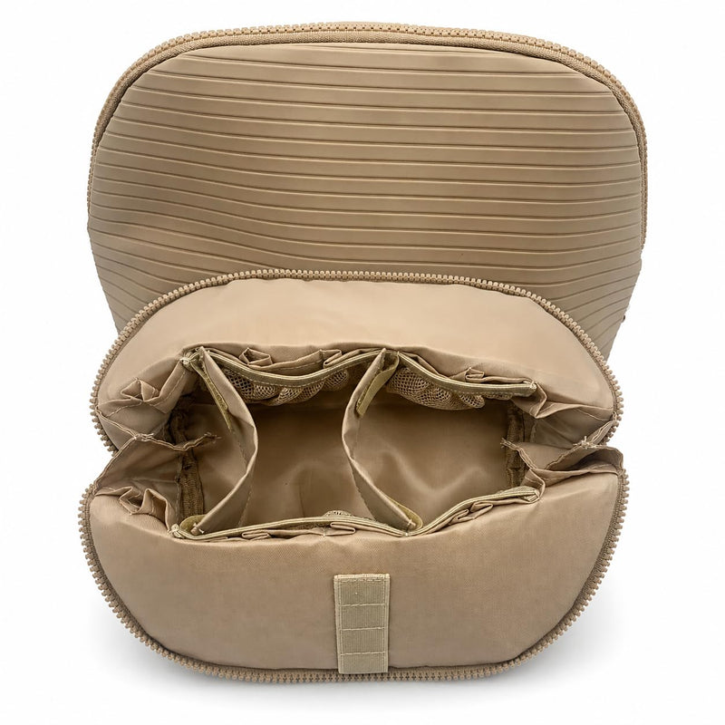 Waterproof Fold-Down Travel Makeup Bag for Women, Cosmetic Organizer with Multi-pocket, Stand Toiletry Bag (Premium Version, Taupe Brown, Medium)
